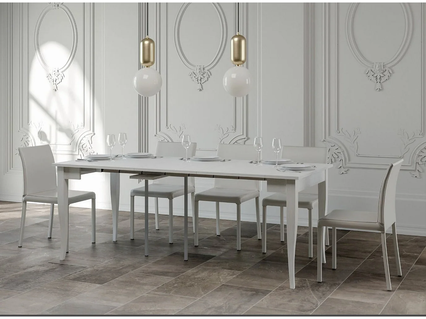 Console extensible classique en bois Kamila-Couleur Blanc-4 pieds-5 rallonges