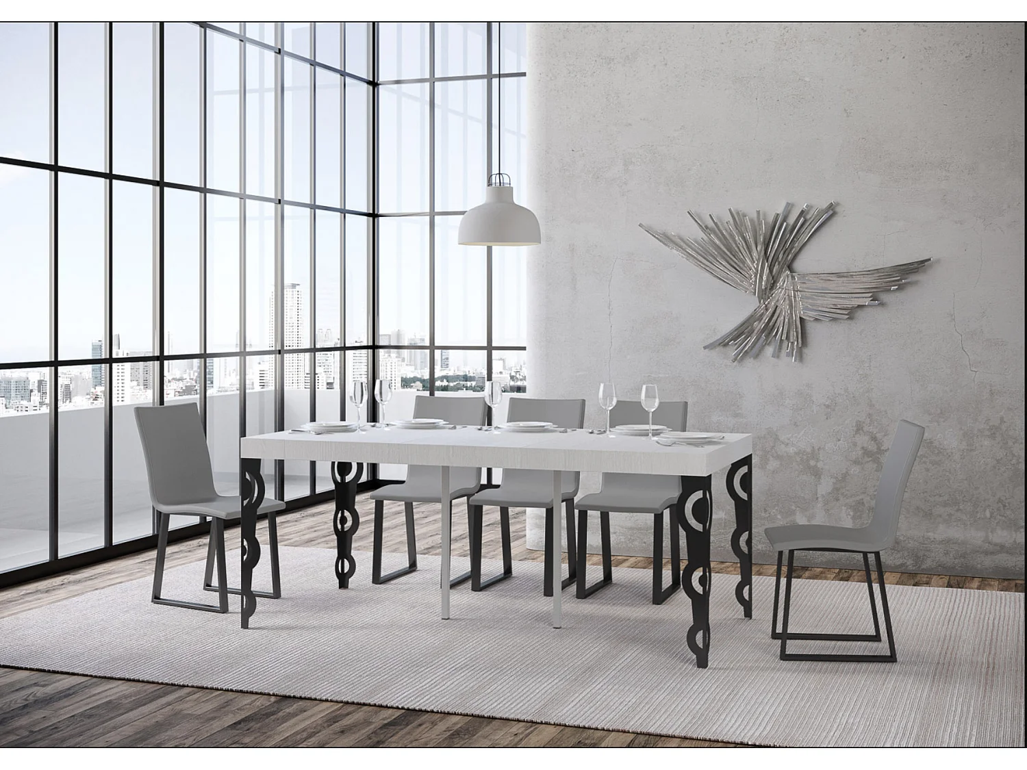 Console extensible style oriental Agadir-Couleur Blanc-4 pieds-3 rallonges épaisses