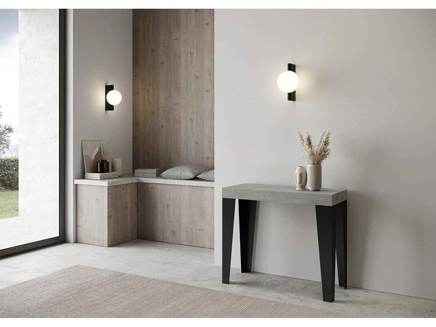 Console extensible design bois et acier mat Flavio-Couleur Gris ciment-4 pieds-5 rallonges épaisses