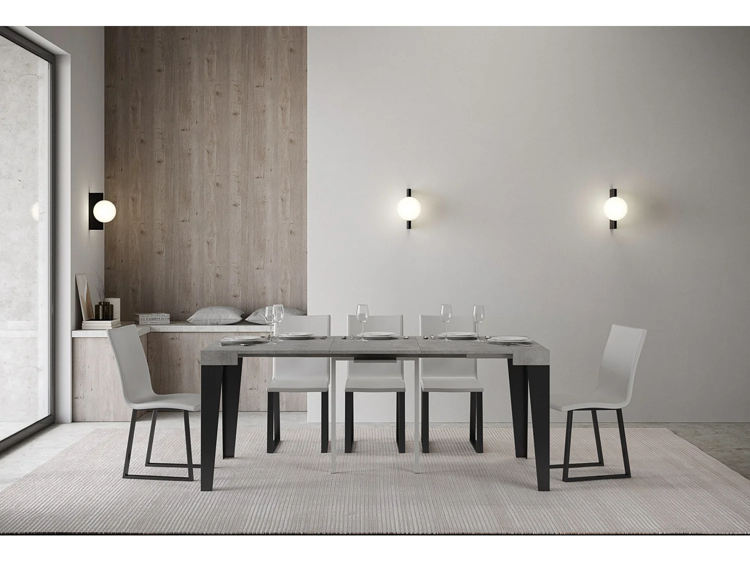 Console extensible design bois et acier mat Flavio-Couleur Gris ciment-Sur roulettes-3 rallonges fines