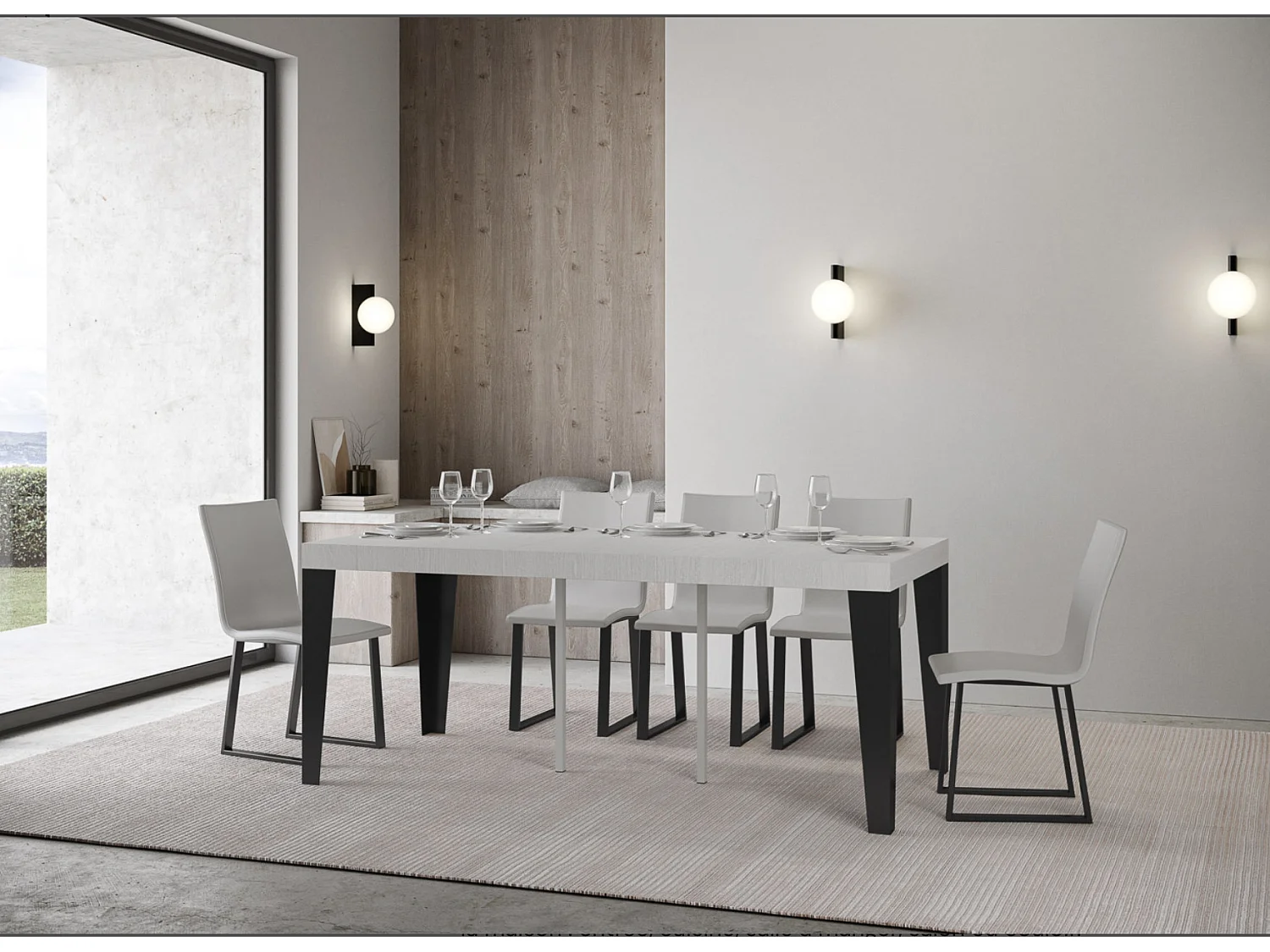 Console extensible design bois et acier mat Flavio-Couleur Gris ciment-Sur roulettes-3 rallonges fines