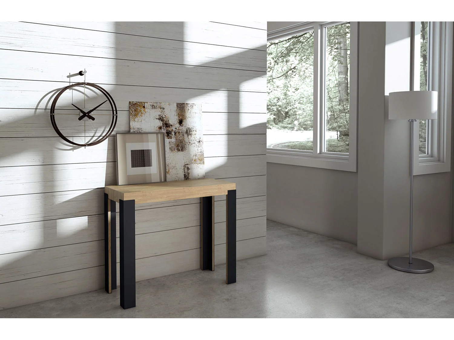 Uitschuifbare houten console met 4 houten en antraciet stalen poten Liva-Kleur Cementgrijs-Steun 4 voet-Verlengsnoeren 5 uitbreidingen