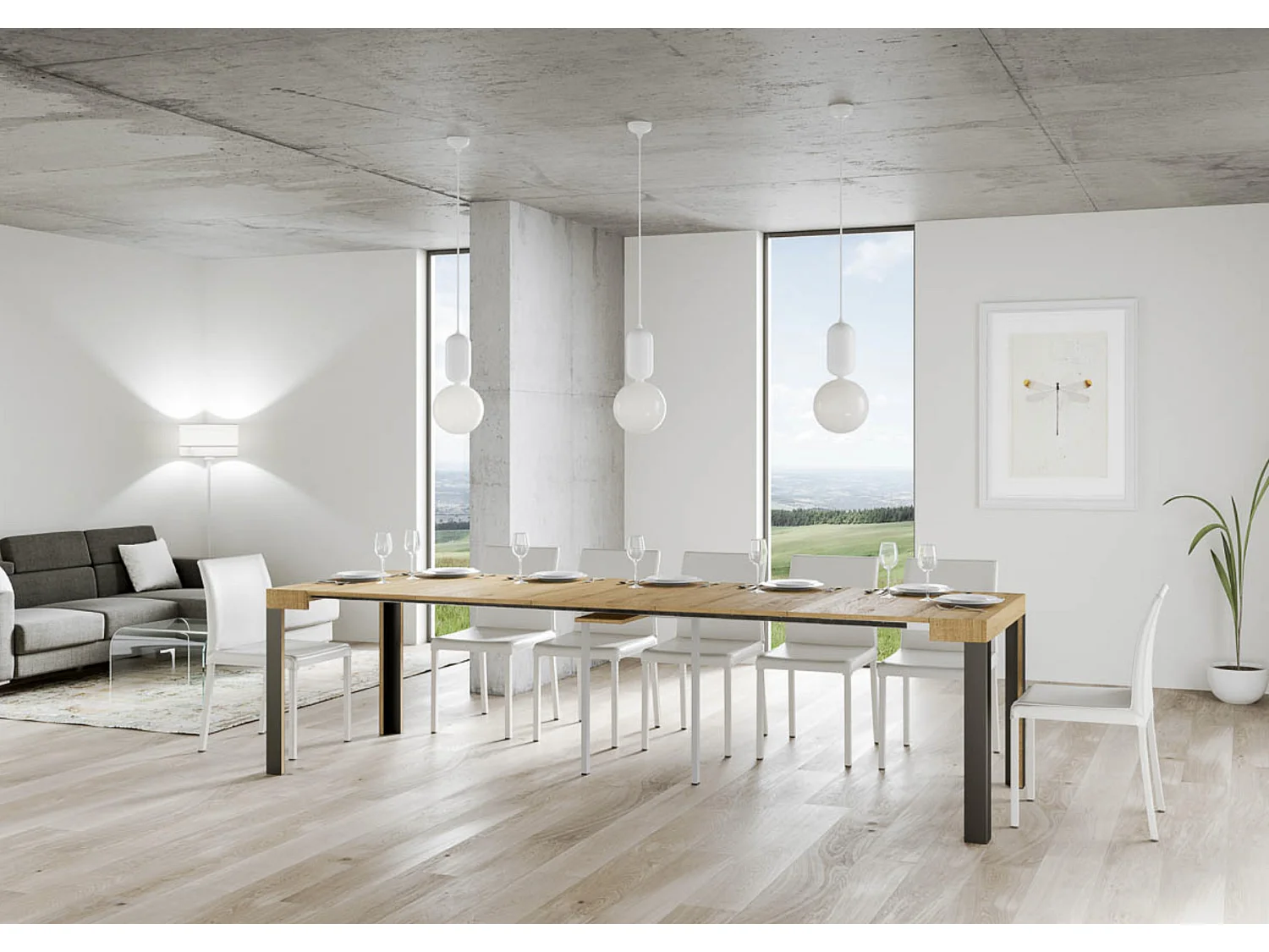 Uitschuifbare houten console met 4 houten en antraciet stalen poten Liva-Kleur Cementgrijs-Steun 4 voet-Verlengsnoeren 5 uitbreidingen