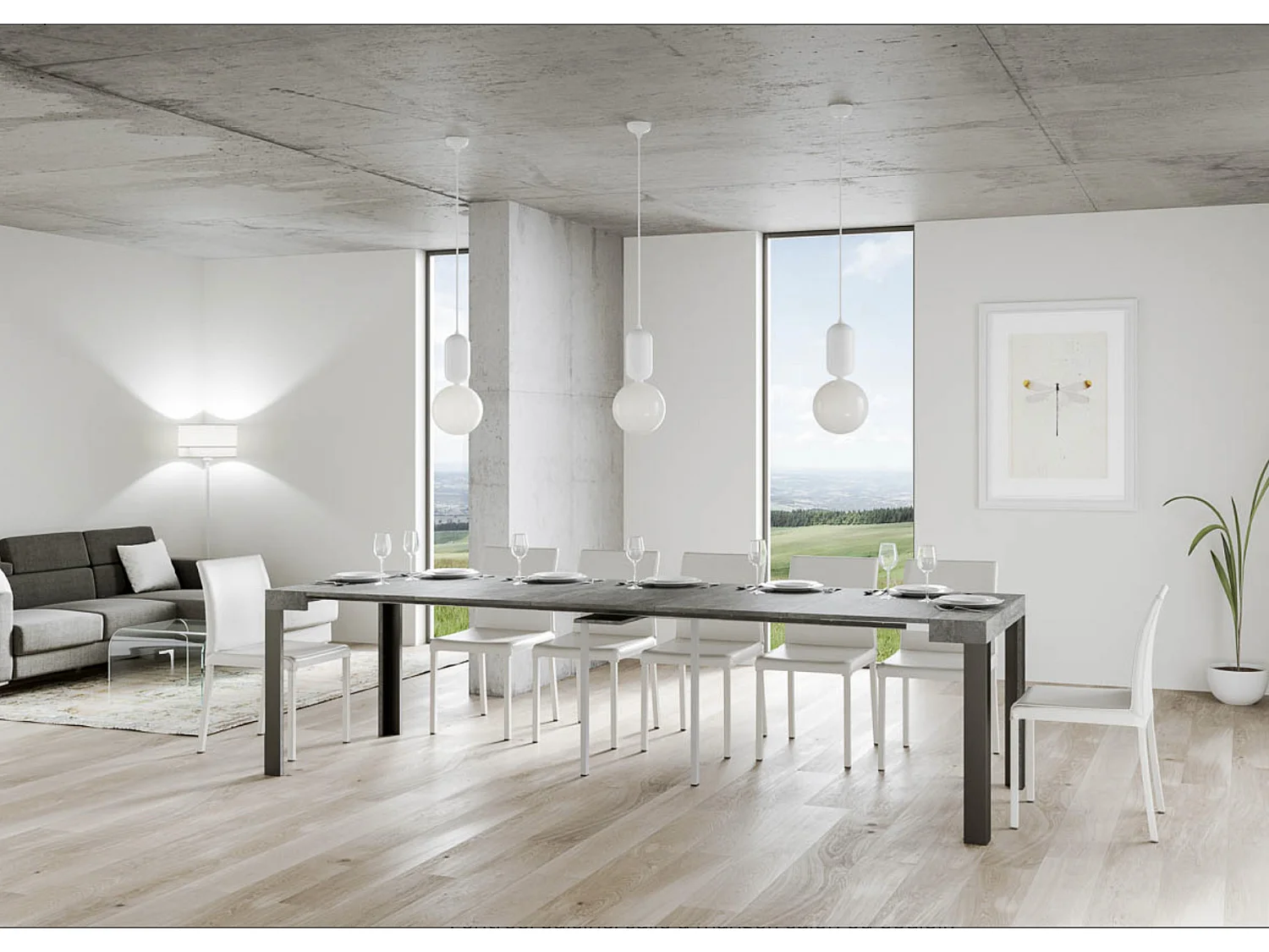 Console extensible bois avec 4 pieds bois et acier anthracite Liva-Couleur Gris ciment-4 pieds-5 rallonges