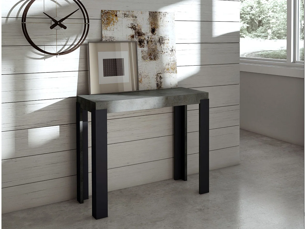 Console extensible bois avec 4 pieds bois et acier anthracite Liva-Couleur Gris ciment-4 pieds-5 rallonges