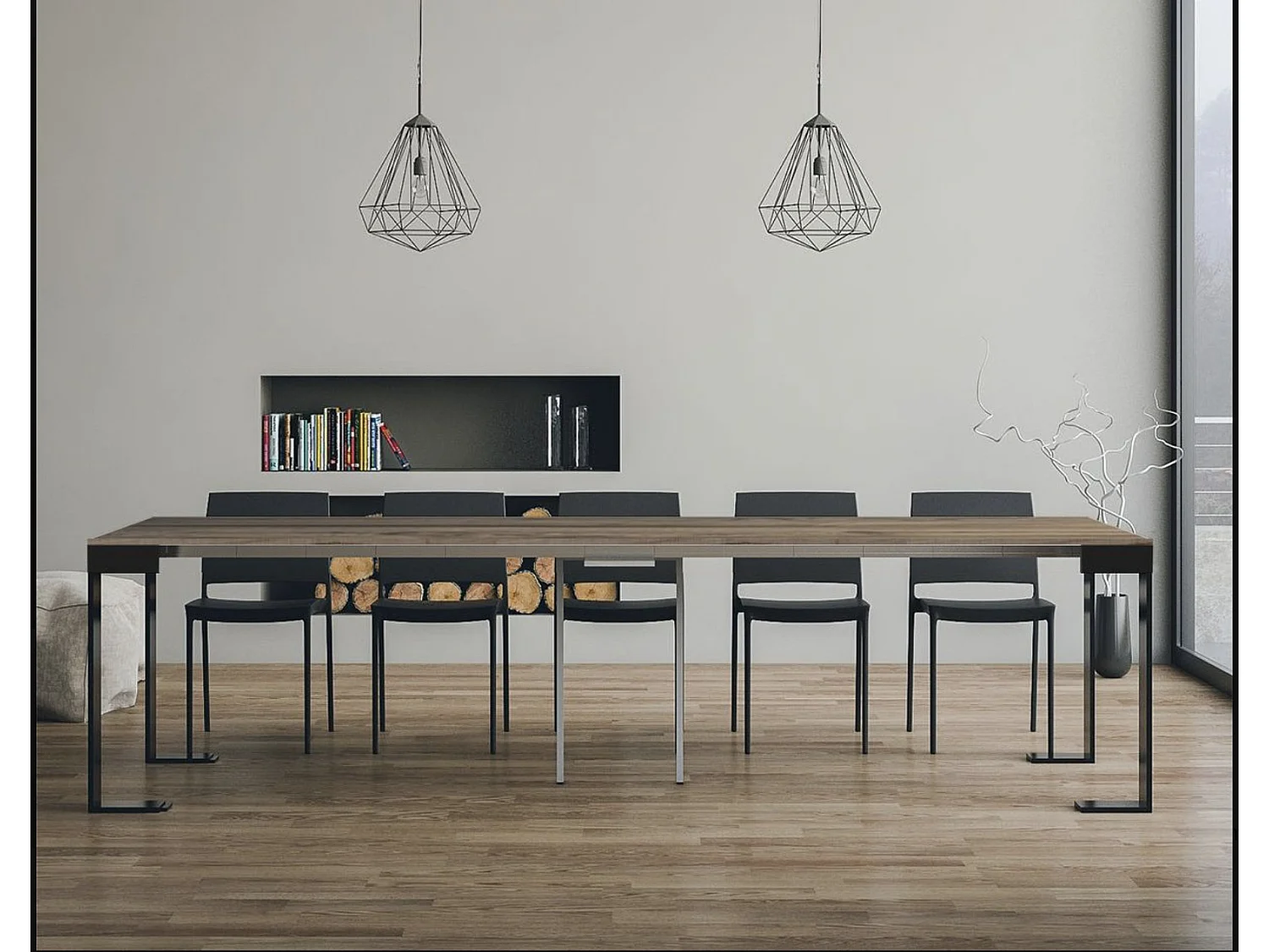 Consola extensible Tiko de madera y acero 90x40/196 o 90x40/300 cm-Color Natural-Soporte 4 pies-Alargaderas 5 extensiones