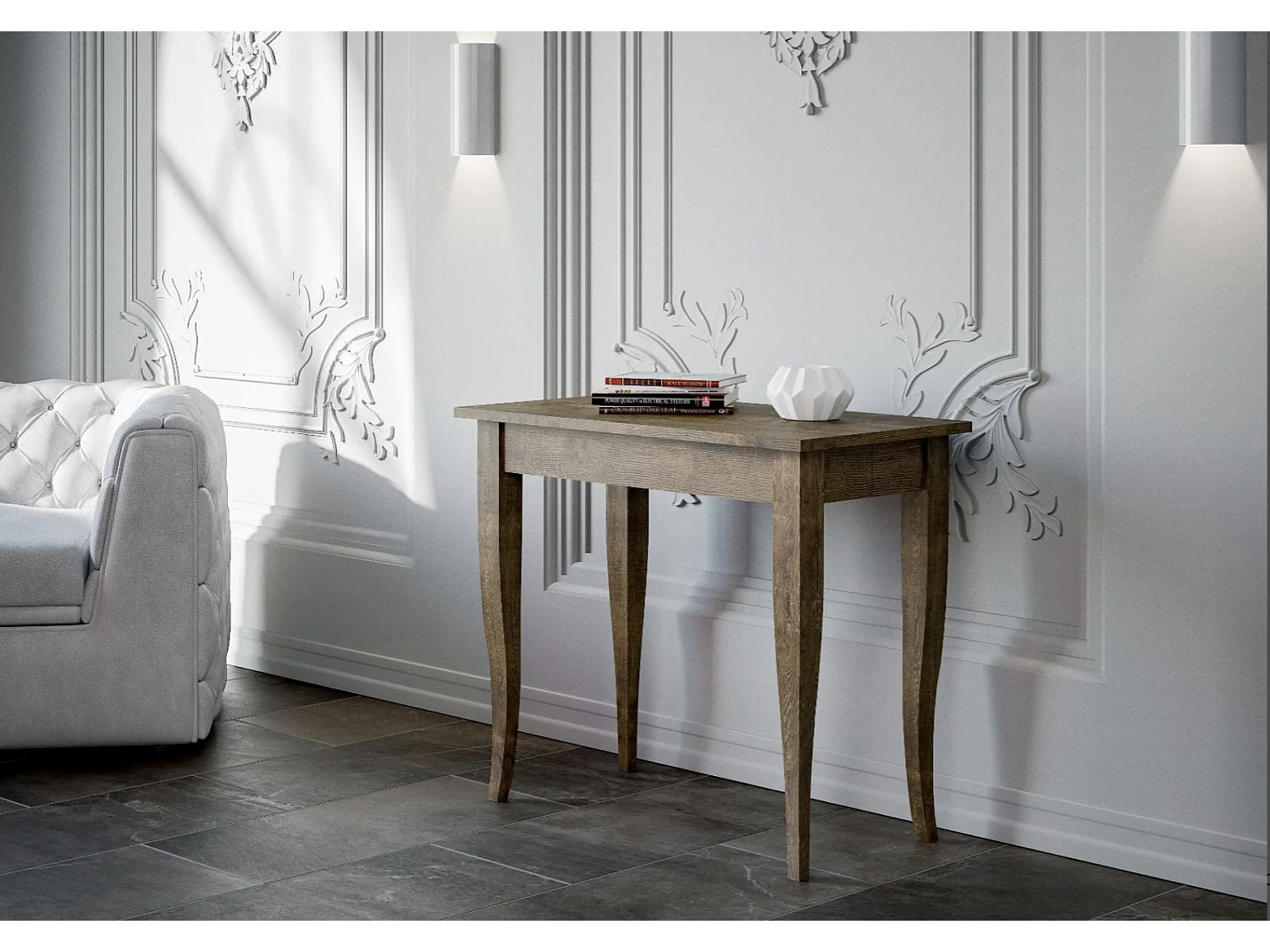 Consola clásica extensible de madera Kamila 90x48/204 o 90x48/308 cm-Color Marrón-Soporte 4 pies-Alargaderas 5 extensiones