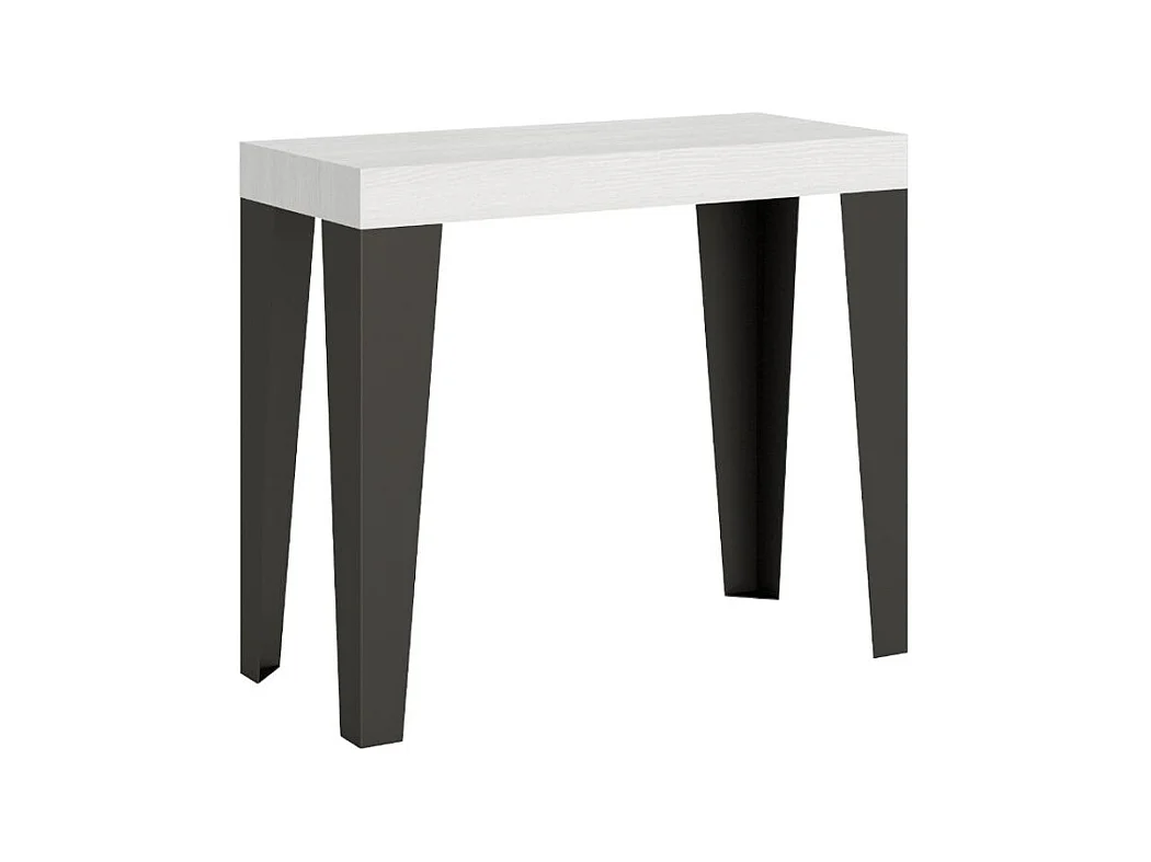 Console extensible design bois et acier mat Flavio-Couleur Gris ciment-2 pieds-5 rallonges épaisses