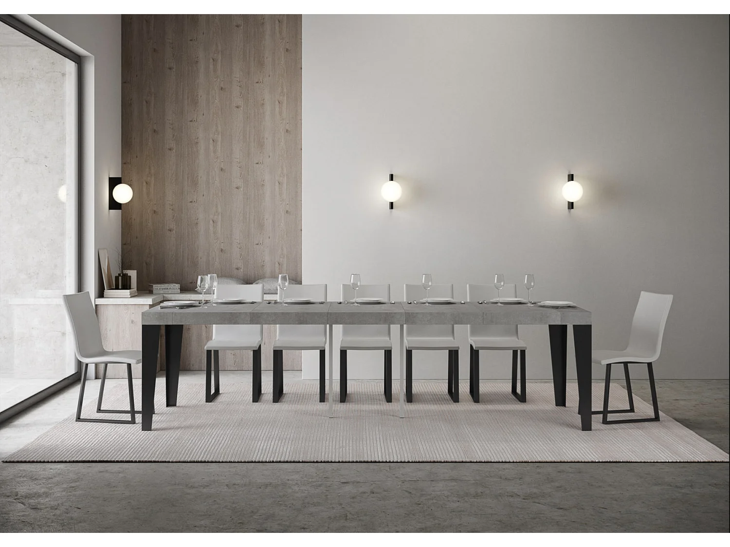 Console extensible design bois et acier mat Flavio-Couleur Gris ciment-2 pieds-5 rallonges épaisses