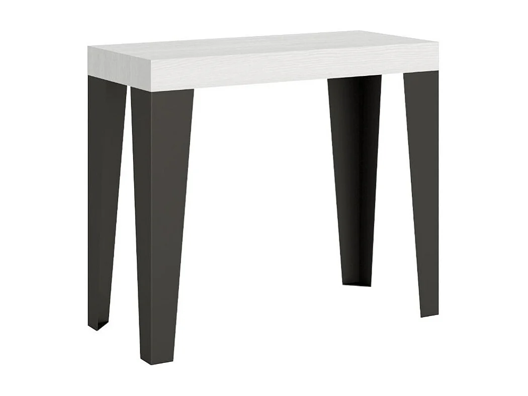 Console extensible design bois et acier mat Flavio-Couleur Gris ciment-2 pieds-5 rallonges épaisses