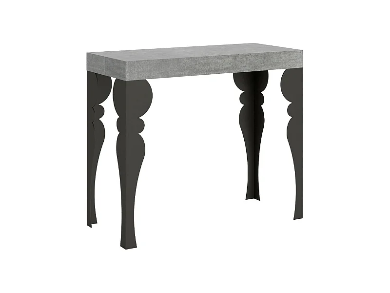 Console extensible style oriental Torza-Couleur Gris ciment-4 pieds-3 rallonges épaisses