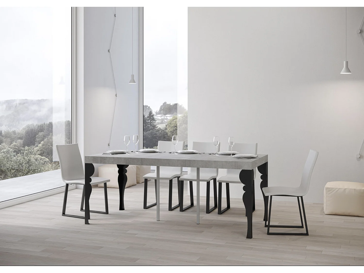 Consola extensible estilo oriental Torza-Color Gris cemento-Soporte 4 pies-3 alargaderas gruesas