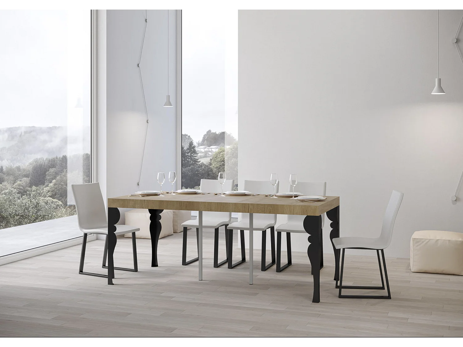 Consola extensible estilo oriental Torza-Color Gris cemento-Soporte 4 pies-3 alargaderas gruesas