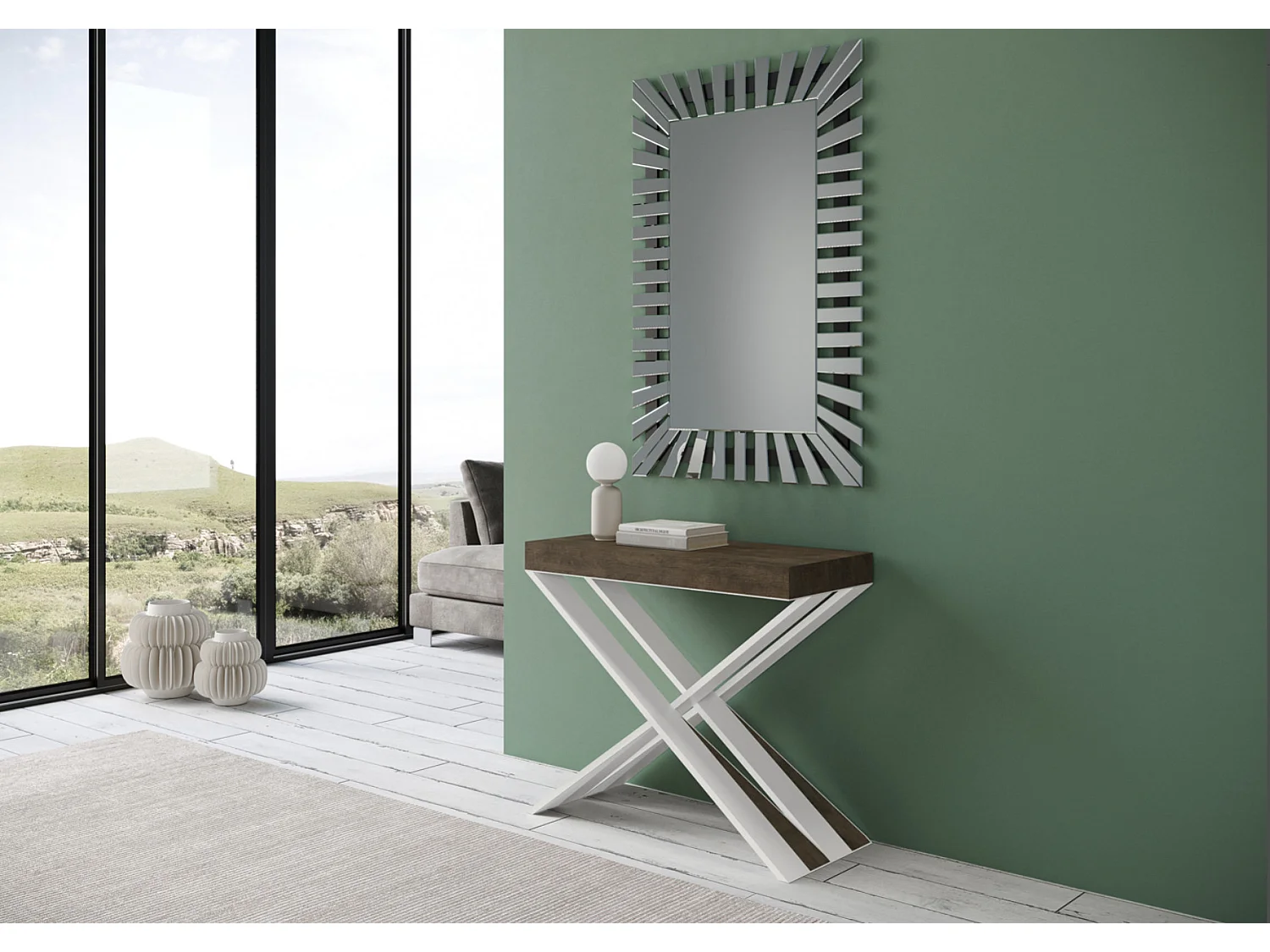 Uitschuifbare console in hout en wit stalen gekruiste poten Diago 90x40/196 of 90x40/300 cm-Kleur Bruin-Steun 4 voet-Verlengsnoeren 5 dunne verlengingen