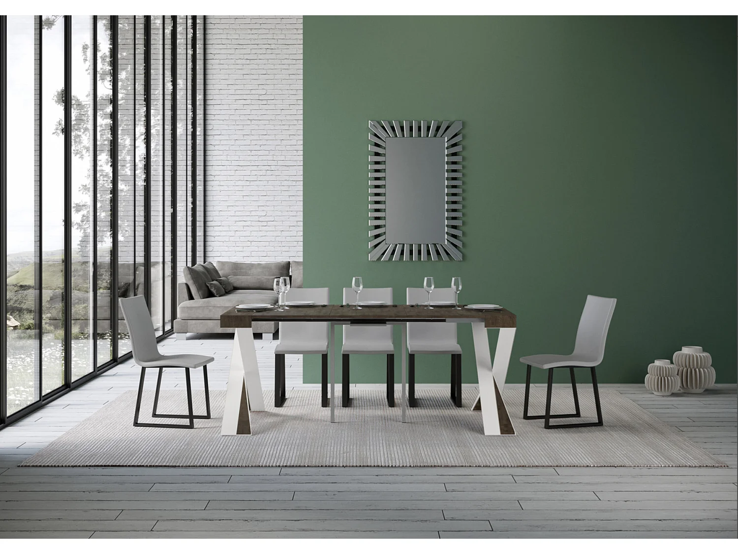 Uitschuifbare console in hout en wit stalen gekruiste poten Diago 90x40/196 of 90x40/300 cm-Kleur Bruin-Steun 4 voet-Verlengsnoeren 5 dunne verlengingen