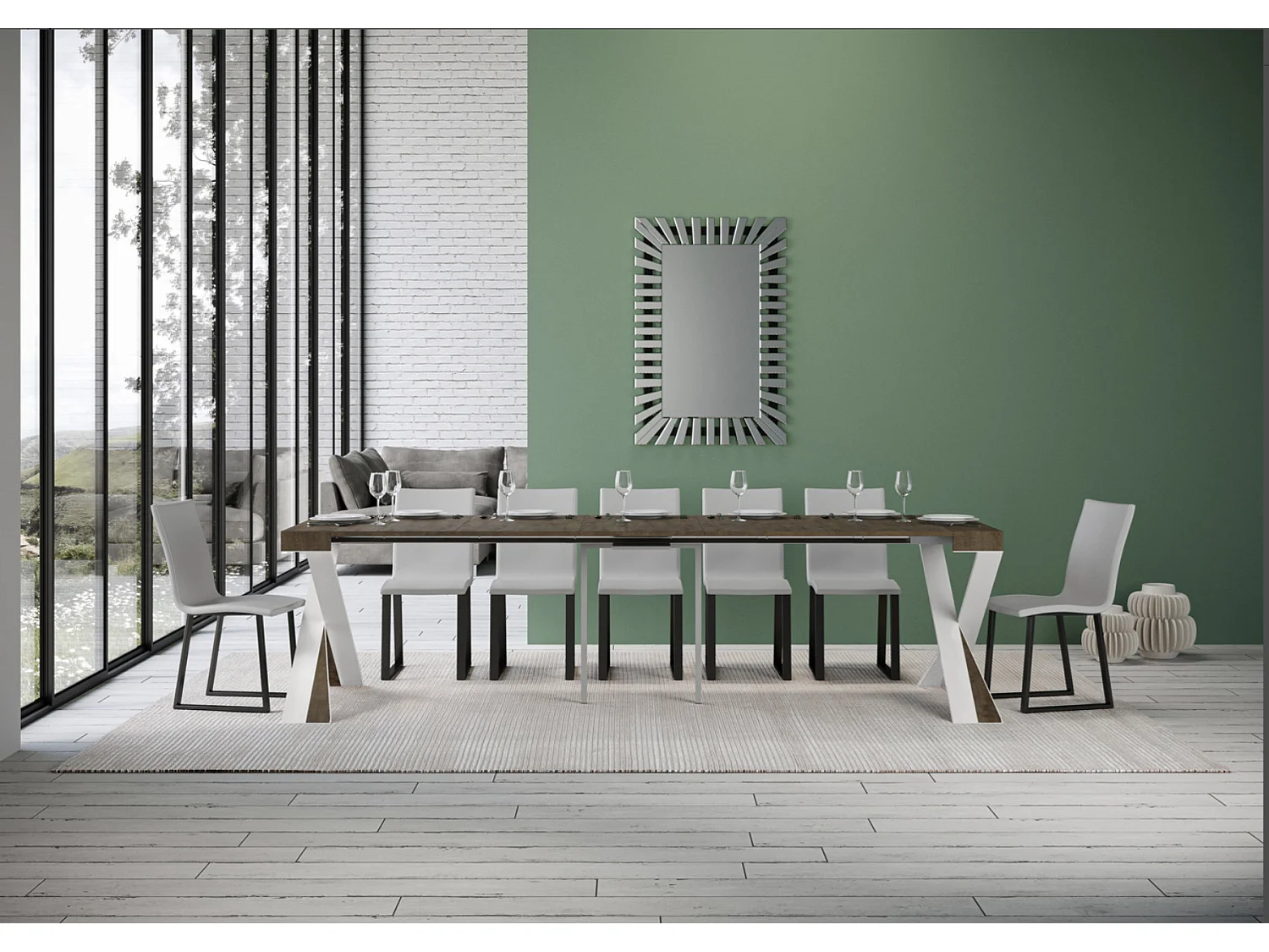 Uitschuifbare console in hout en wit stalen gekruiste poten Diago 90x40/196 of 90x40/300 cm-Kleur Bruin-Steun 4 voet-Verlengsnoeren 5 dunne verlengingen