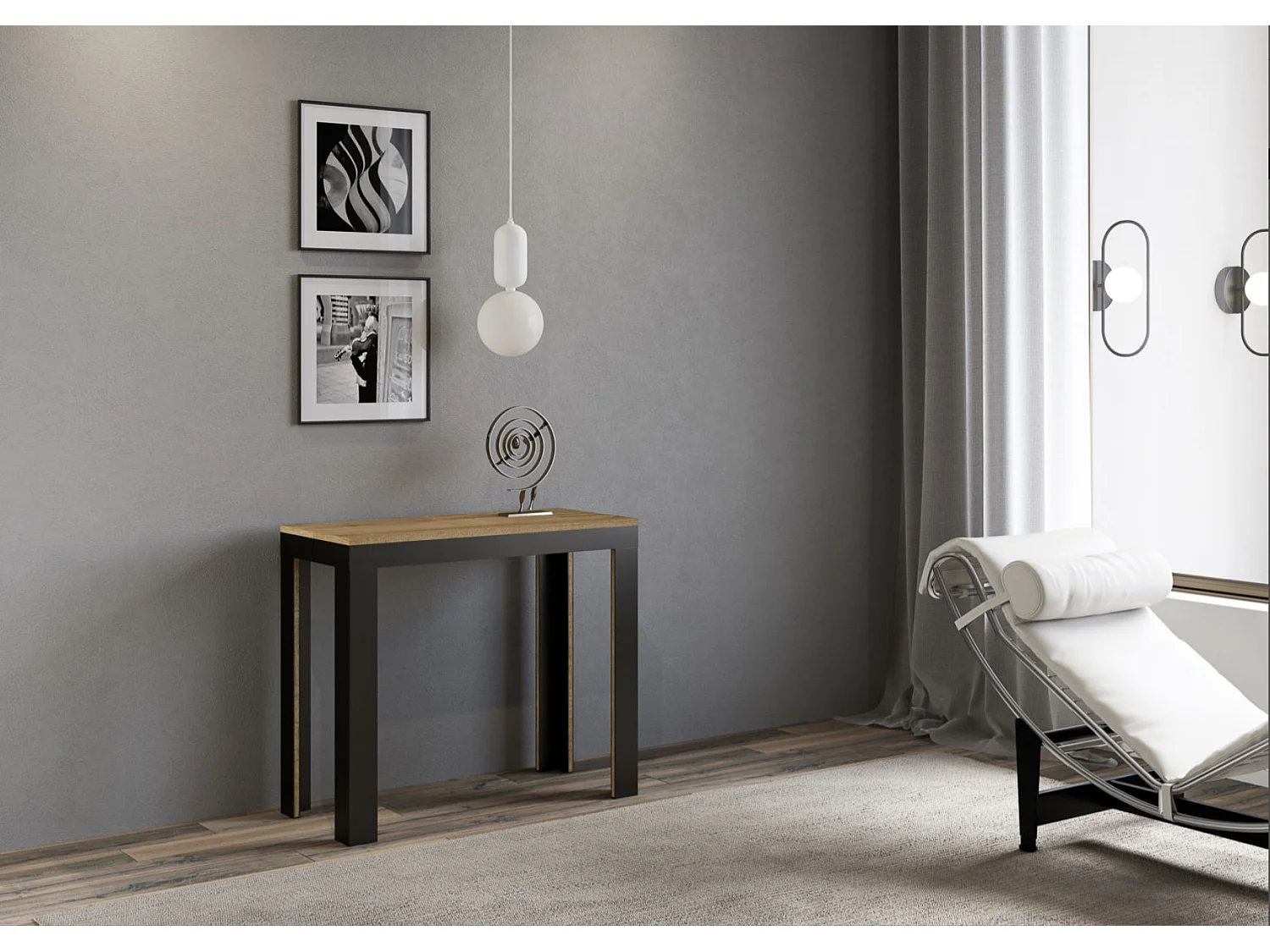 Console extensible bois pieds bois et acier anthracite Liva evolution-Couleur Naturel-Sur roulettes-3 rallonges