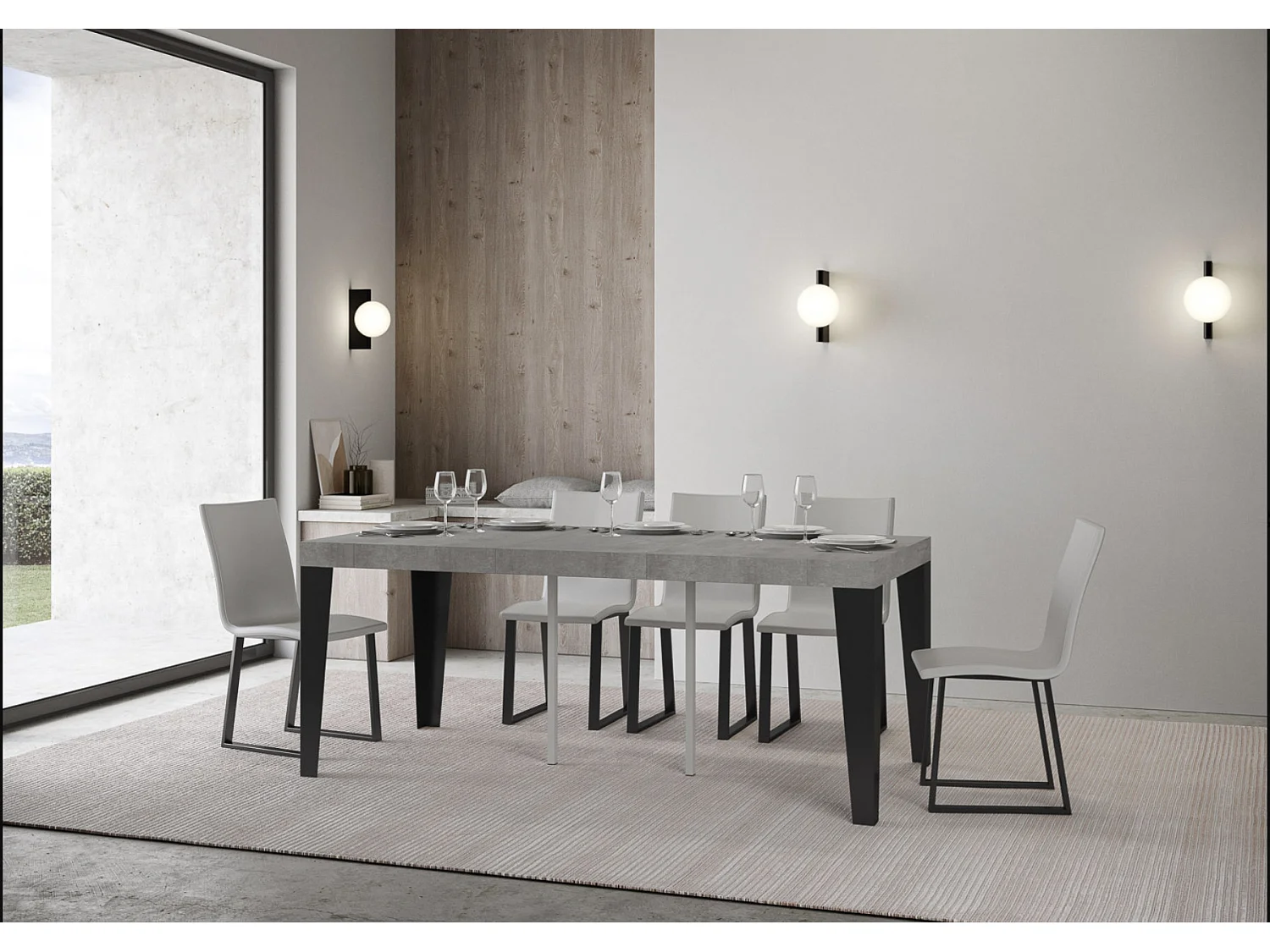 Console extensible design bois et acier mat Flavio-Couleur Gris ciment-4 pieds-3 rallonges épaisses