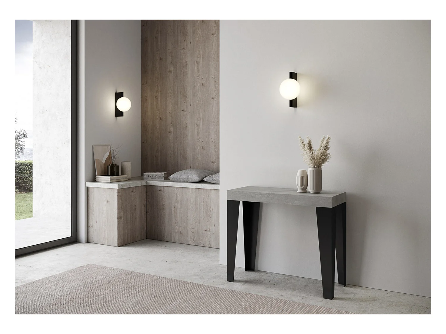 Console extensible design bois et acier mat Flavio-Couleur Gris ciment-4 pieds-3 rallonges épaisses