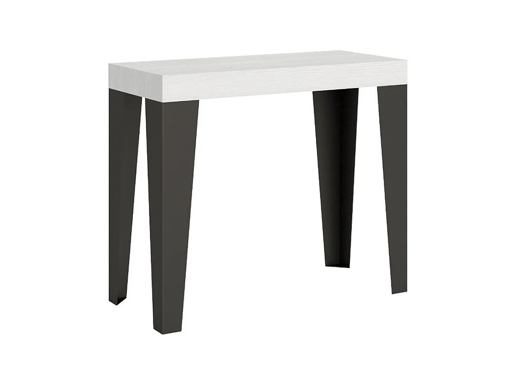 Console extensible design bois et acier mat Flavio-Couleur Gris ciment-4 pieds-3 rallonges épaisses