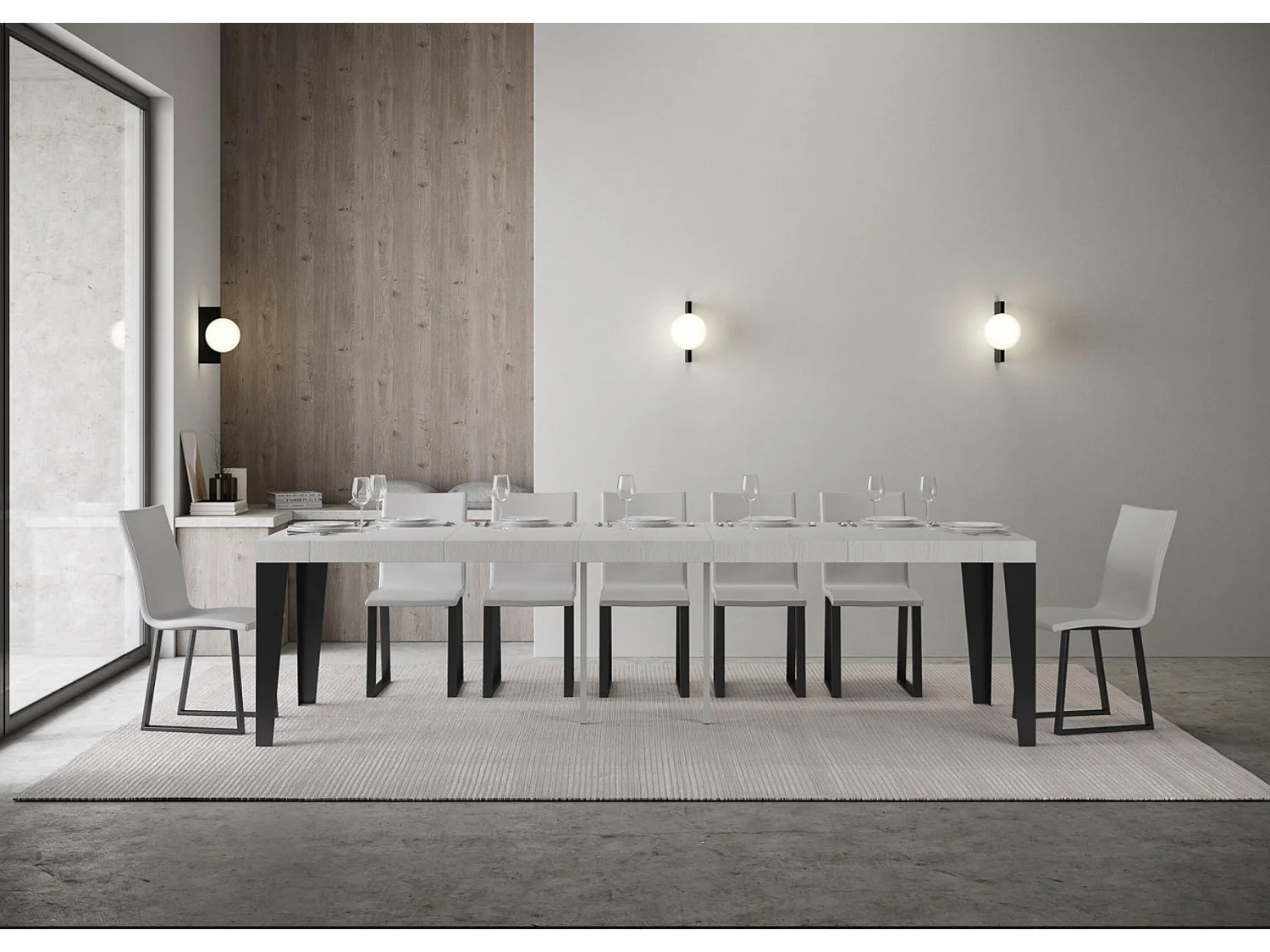 Consola extensible diseño Flavio en madera y hierro 90x40/196 o 90x40/300 cm-Color Gris cemento-Soporte 4 pies-3 alargaderas gruesas