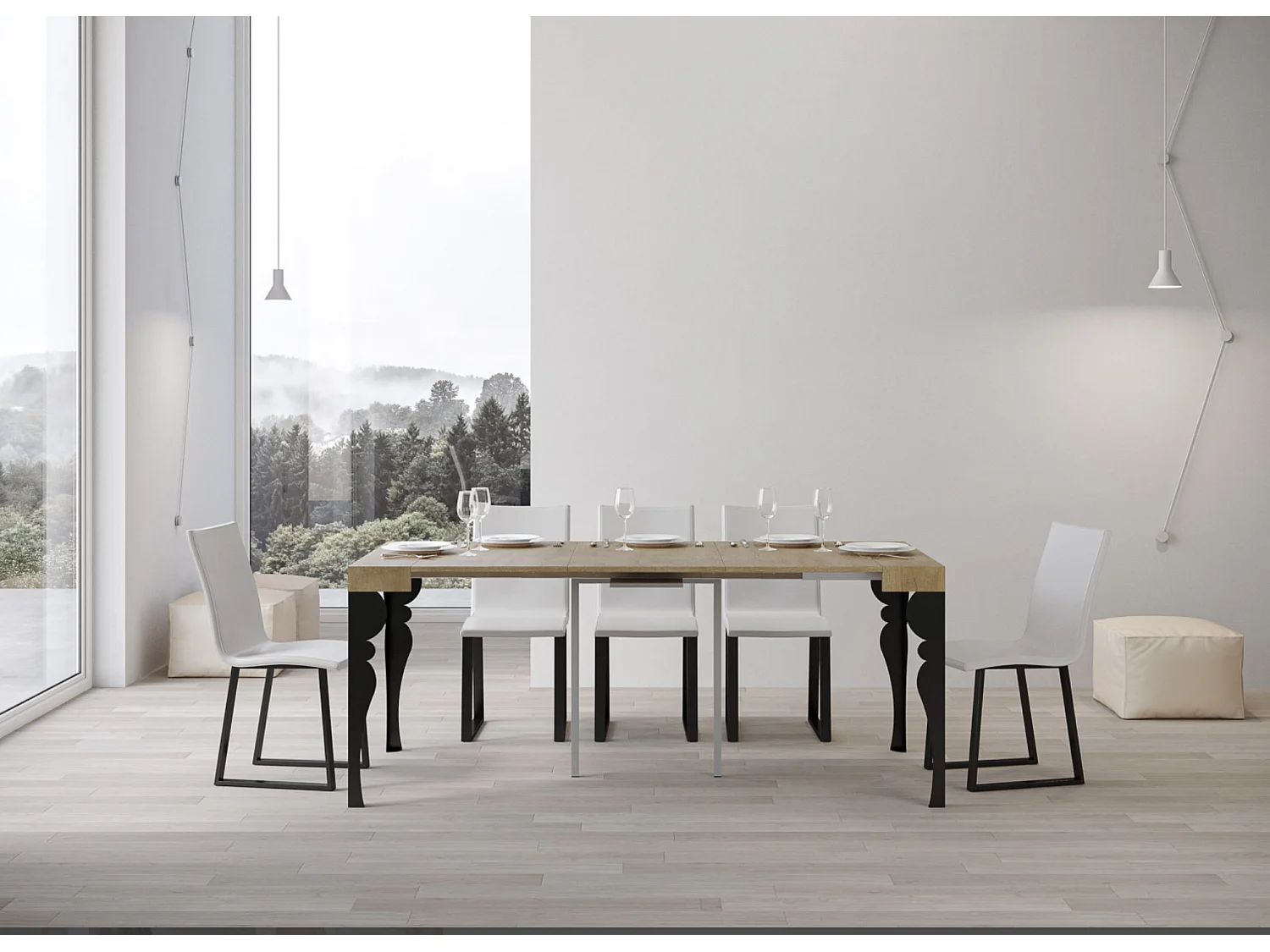 Console extensible style oriental Torza-Couleur Naturel-Sur roulettes-3 rallonges fines