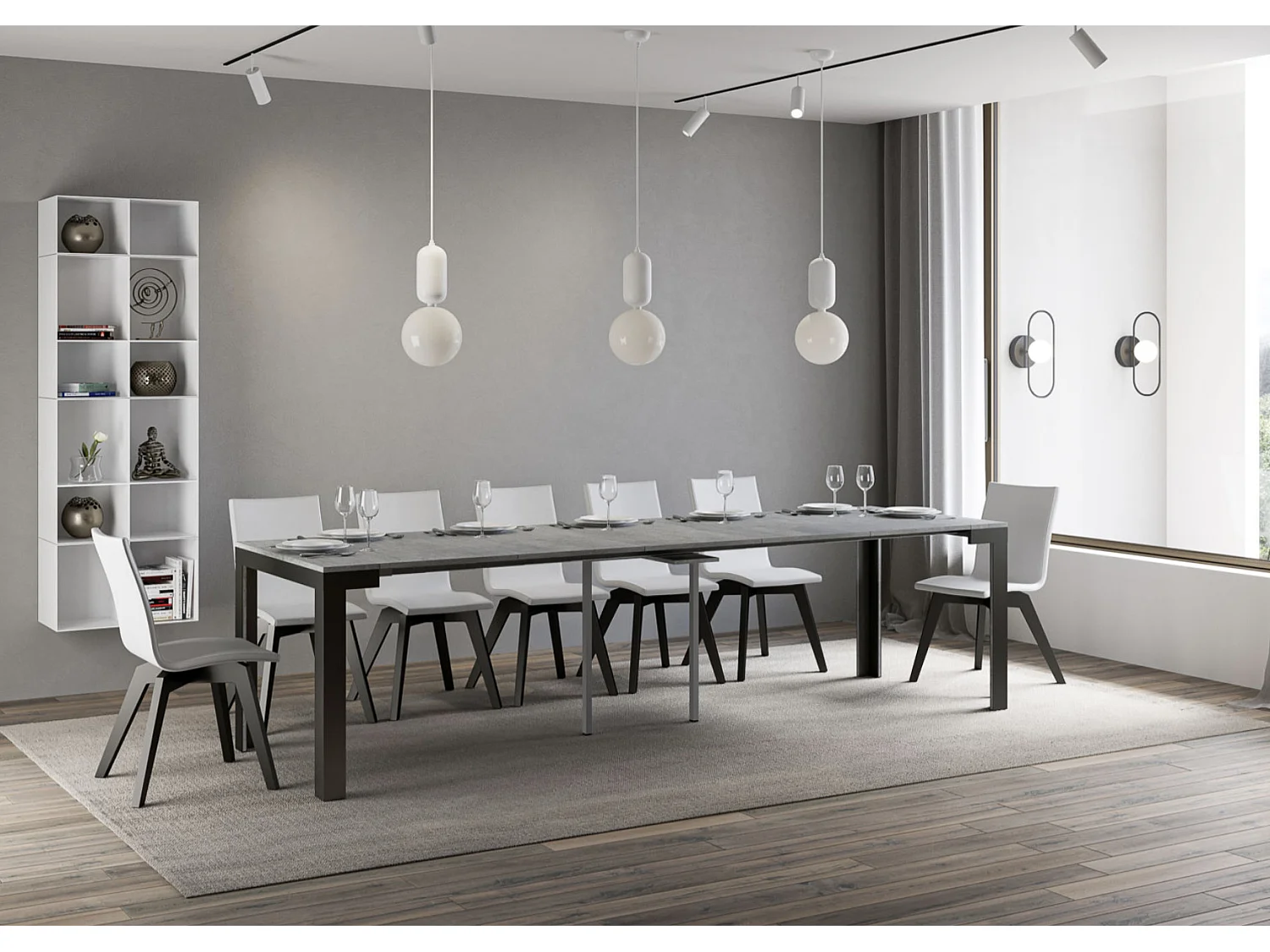 Console extensible bois pieds bois et acier anthracite Liva evolution-Couleur Gris ciment-4 pieds-5 rallonges