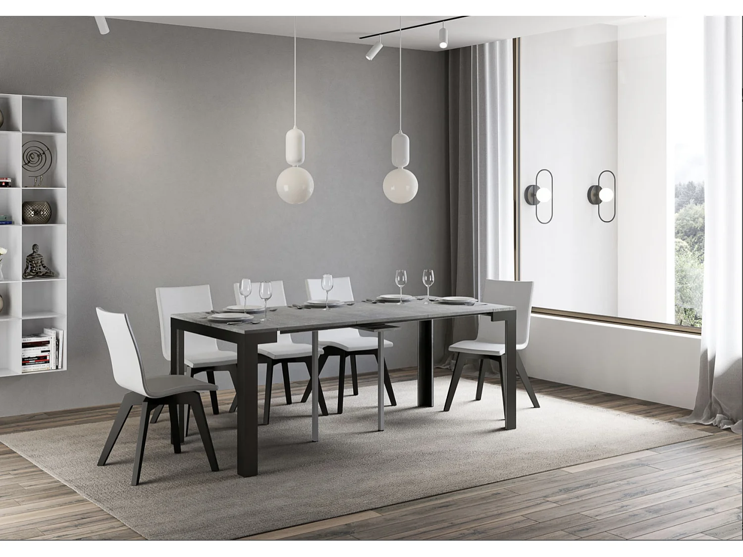 Uitschuifbare houten console met 4 houten en antraciet stalen poten Liva evolution-Kleur Cementgrijs-Steun 4 voet-Verlengsnoeren 5 uitbreidingen