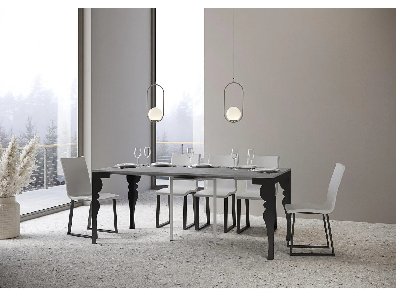 Consola vintage de 14 plazas de 40 a 306 cm Dina-Color Gris cemento-Soporte 4 pies-Alargaderas 3 extensiones