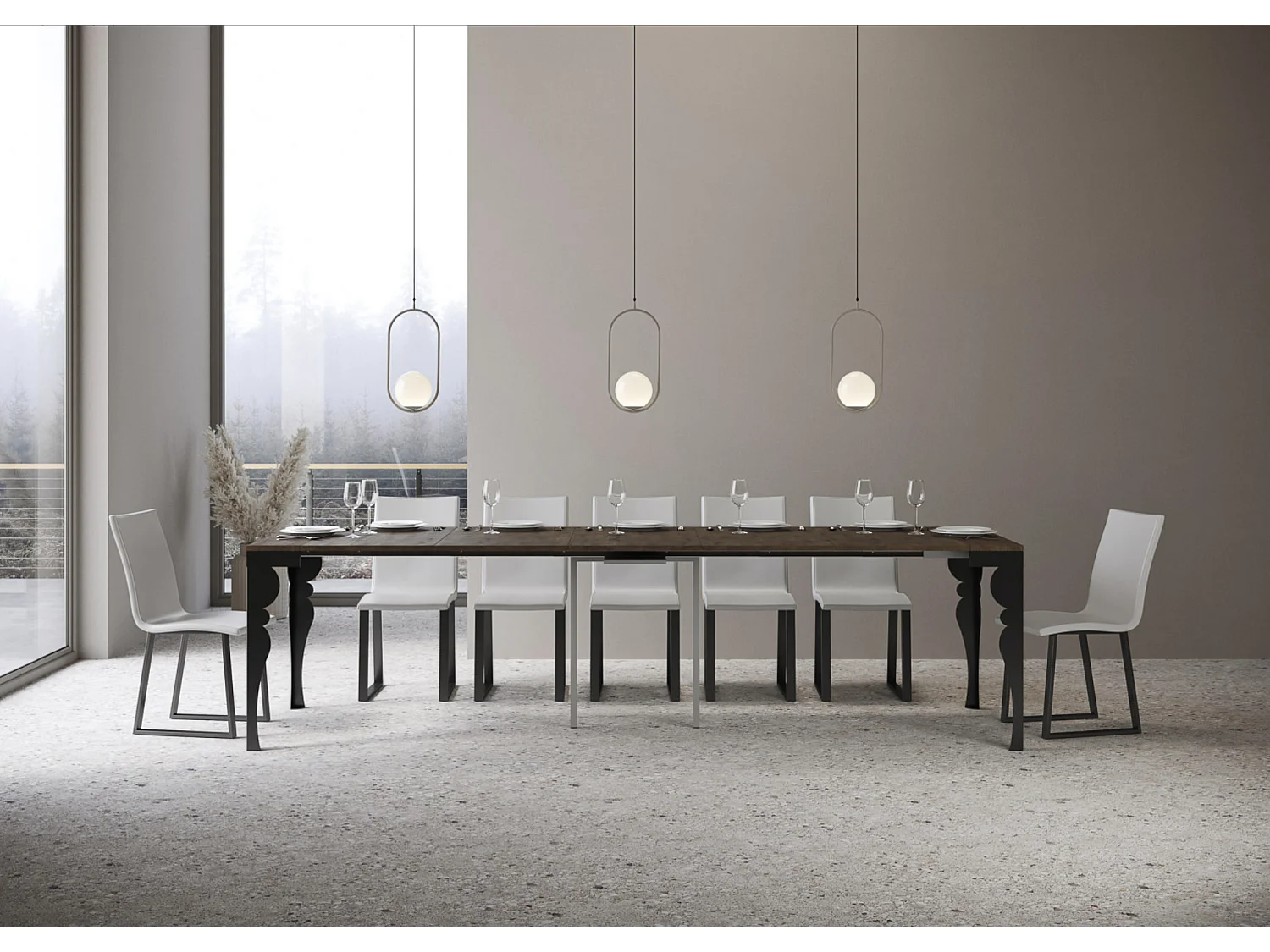 Consola vintage de 14 plazas de 40 a 306 cm Dina-Color Gris cemento-Soporte 4 pies-Alargaderas 3 extensiones