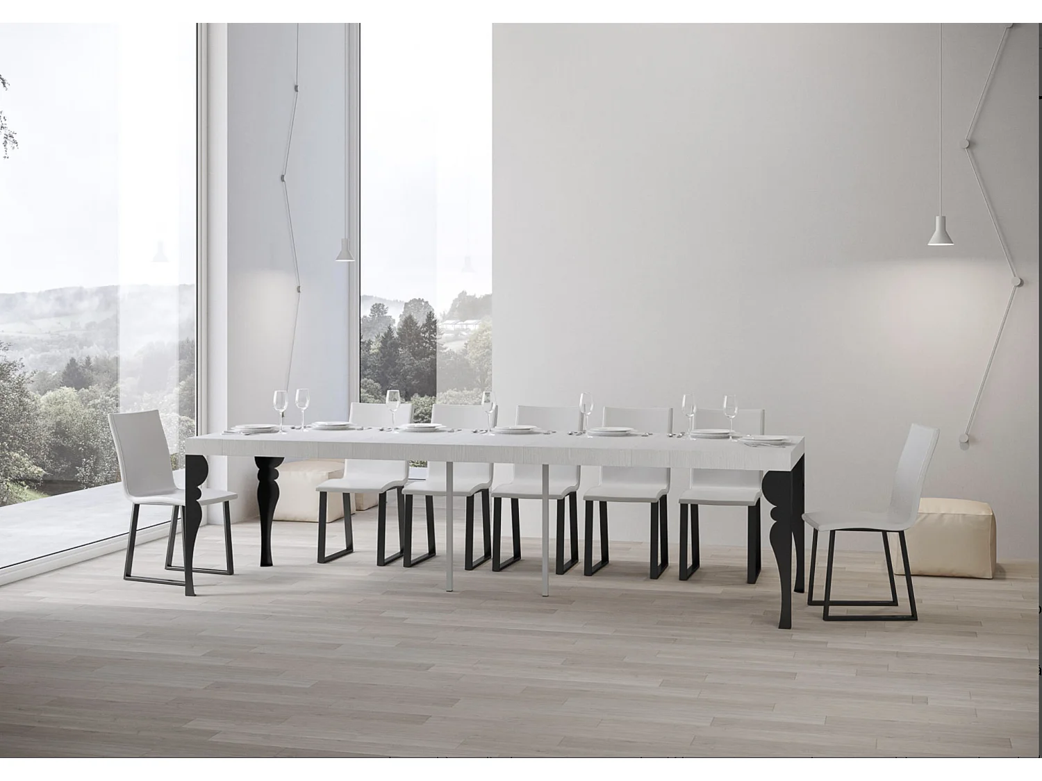 Console extensible style oriental Torza-Couleur Blanc-4 pieds-5 rallonges épaisses