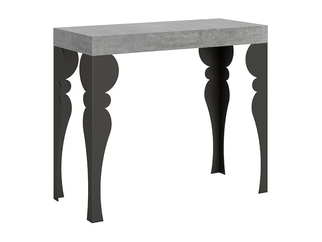 Consola extensible estilo oriental Torza-Color Gris cemento-Base y soporte con ruedas-5 alargaderas finas