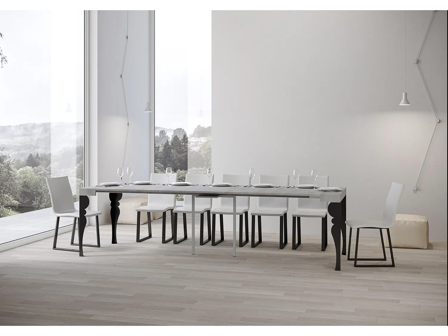 Consola extensible estilo oriental Torza-Color Gris cemento-Base y soporte con ruedas-5 alargaderas finas