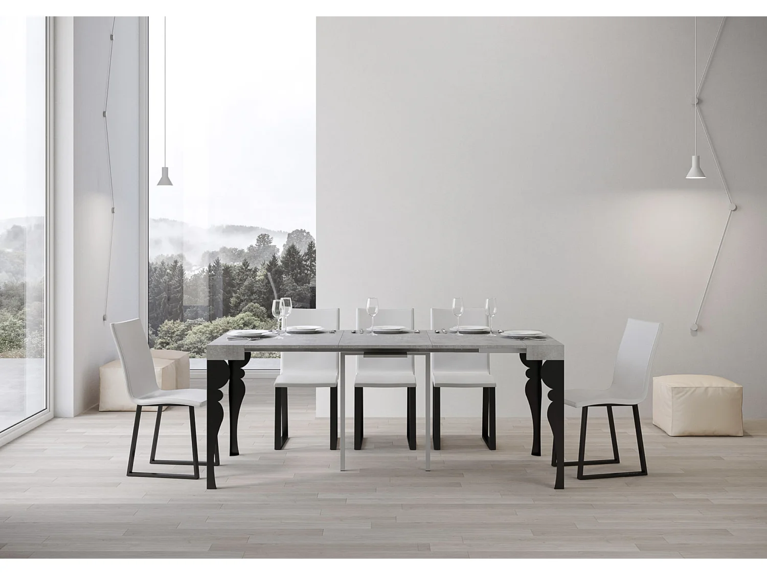 Console extensible style oriental Torza-Couleur Gris ciment-Sur roulettes-5 rallonges fines