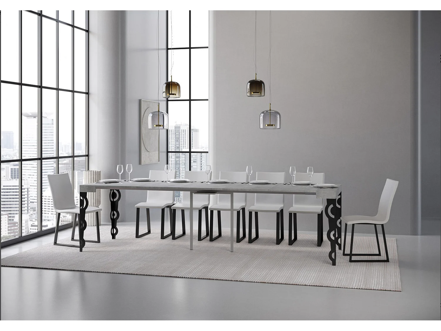 Console extensible style oriental Agadir-Couleur Gris ciment-4 pieds-5 rallonges fines