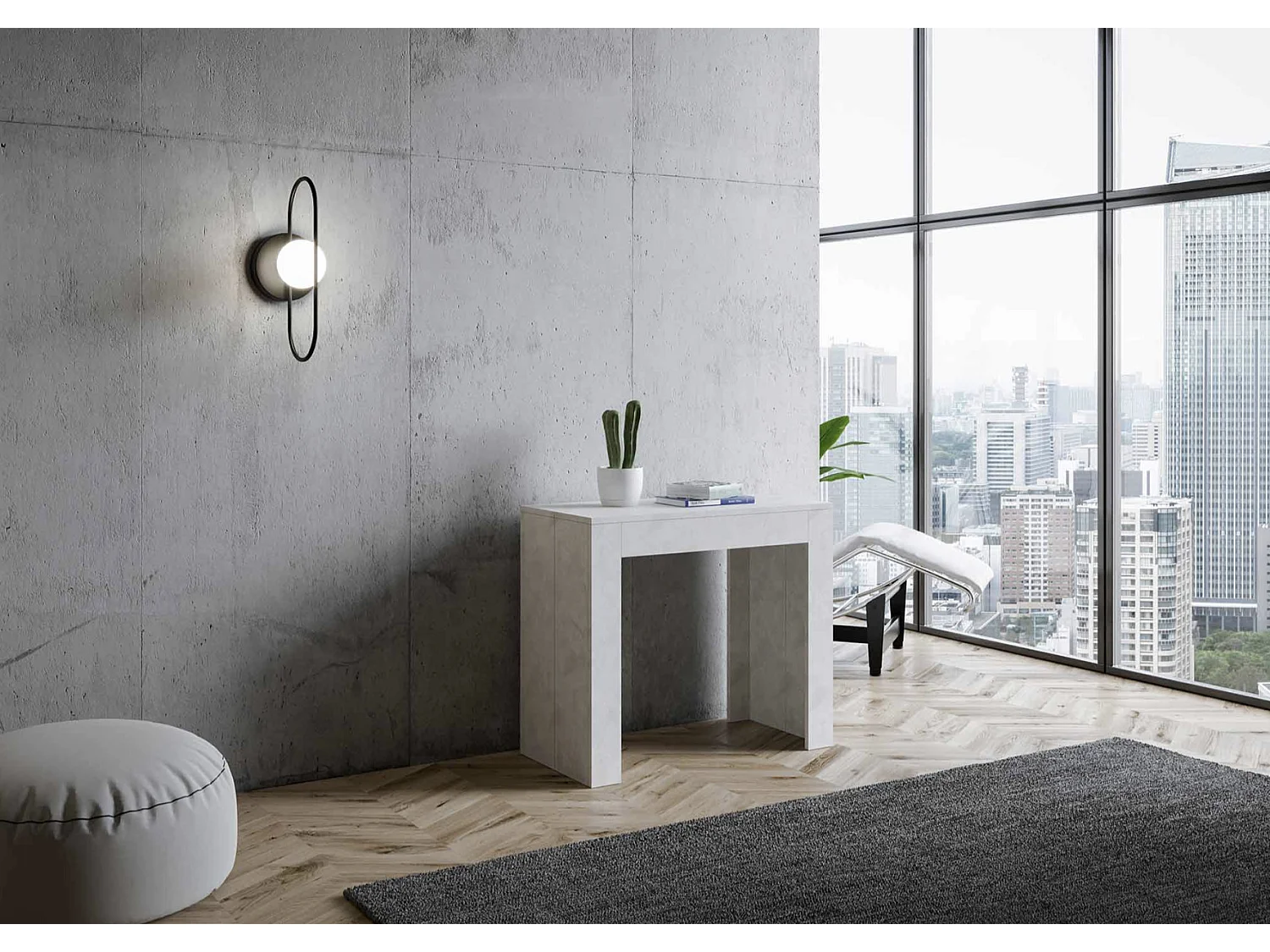 Console extensible contreplaqué spatulé Plako-Couleur Blanc-4 pieds-5 rallonges