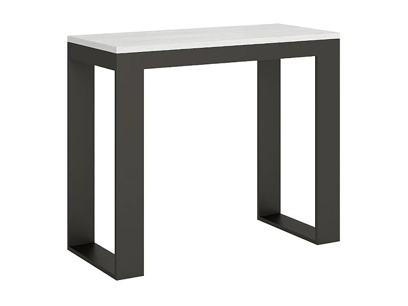 Consola extensible Tiko de madera y acero 90x40/196 o 90x40/300 cm-Color Blanco-Base y soporte con ruedas-Alargaderas 5 extensiones