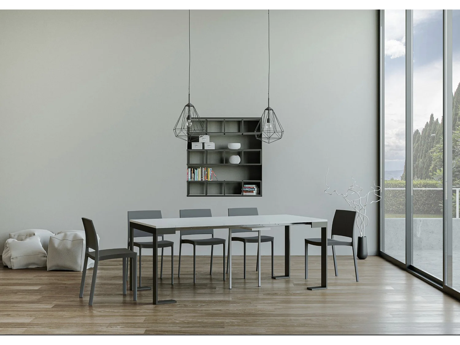 Console extensible bois et acier Tiroz evolution-Couleur Blanc-Sur roulettes-5 rallonges