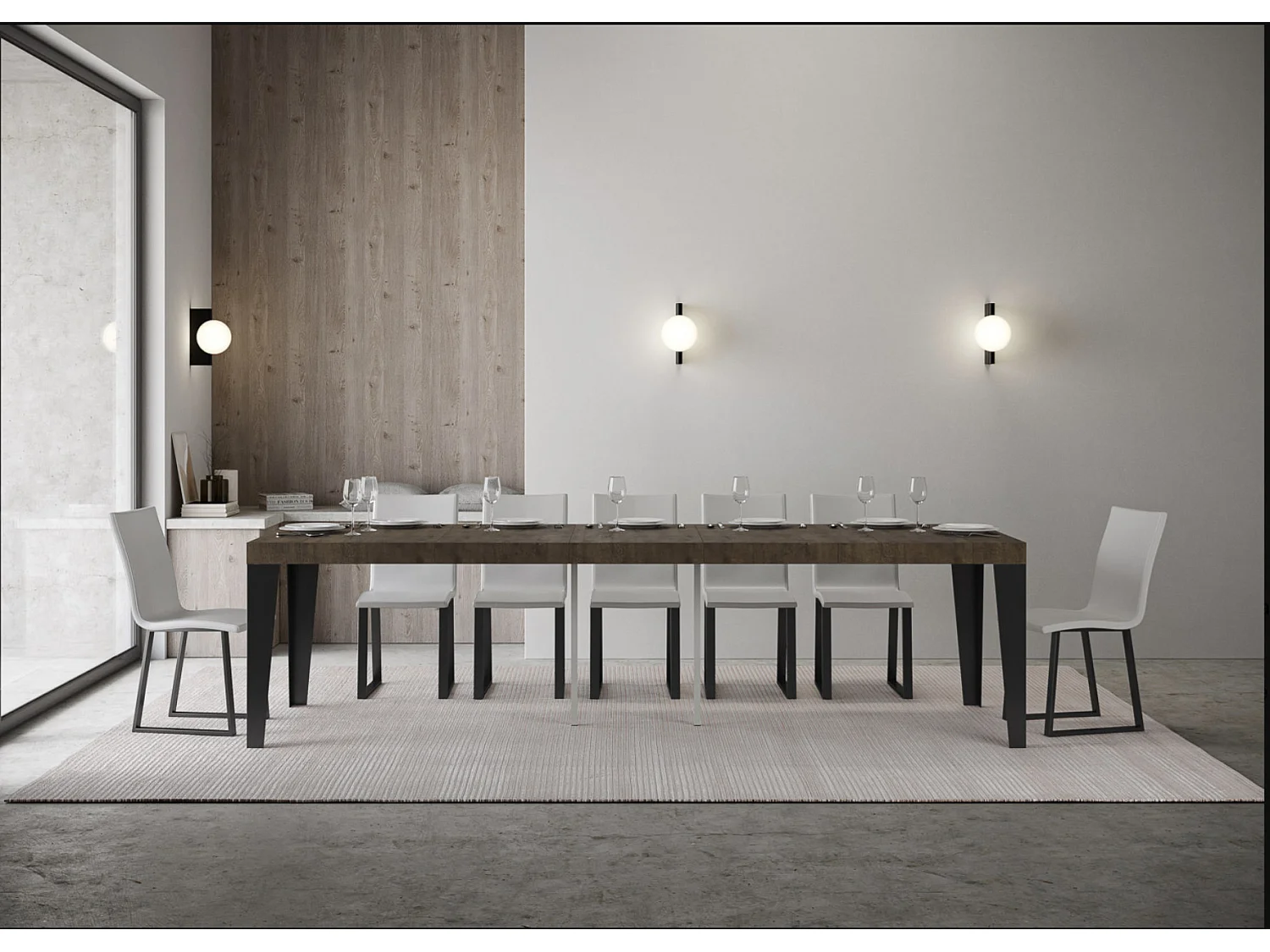 Console extensible design bois et acier mat Flavio-Couleur Marron-2 pieds-5 rallonges épaisses