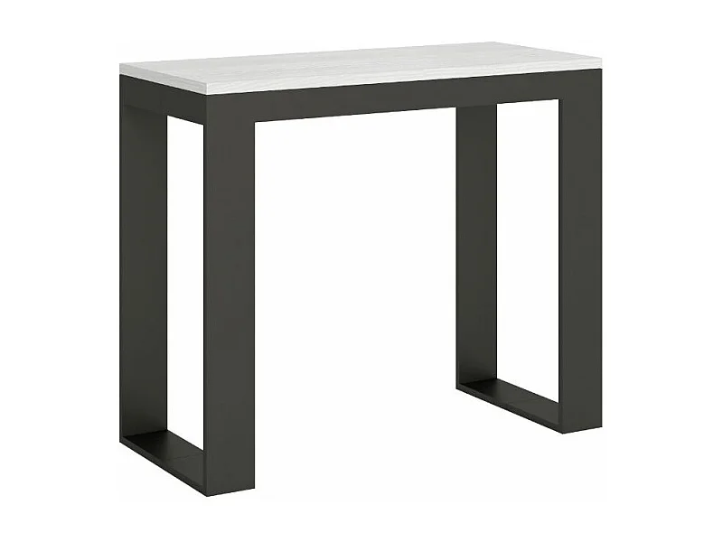 Consola extensible Tiko de madera y acero 90x40/196 o 90x40/300 cm-Color Blanco-Soporte 4 pies-Alargaderas 5 extensiones