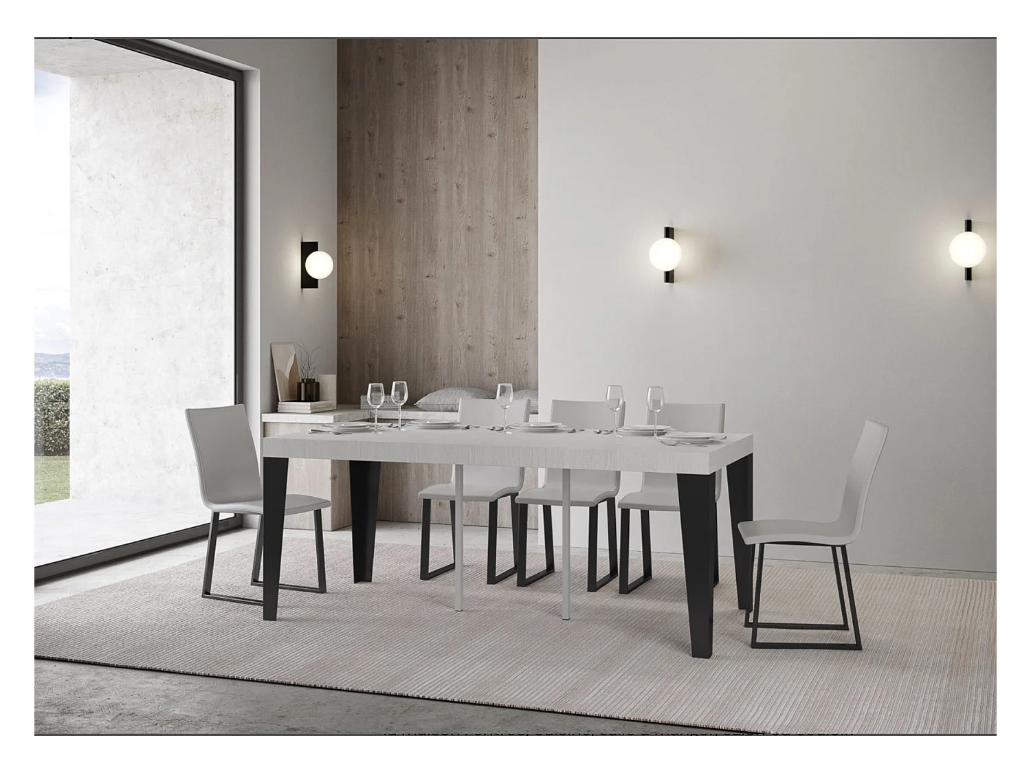 Console extensible design bois et acier mat Flavio-Couleur Gris ciment-4 pieds-5 rallonges fines