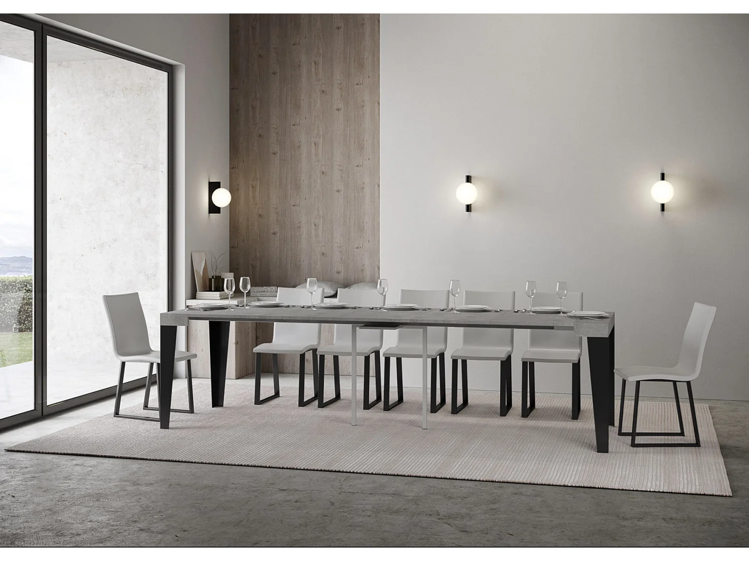 Consola extensible diseño Flavio en madera y hierro 90x40/196 o 90x40/300 cm-Color Gris cemento-Soporte 4 pies-5 alargaderas finas