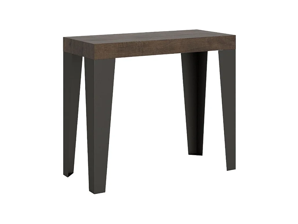 Consola extensible diseño Flavio en madera y hierro 90x40/196 o 90x40/300 cm-Color Marrón-Base y soporte con ruedas-3 alargaderas finas