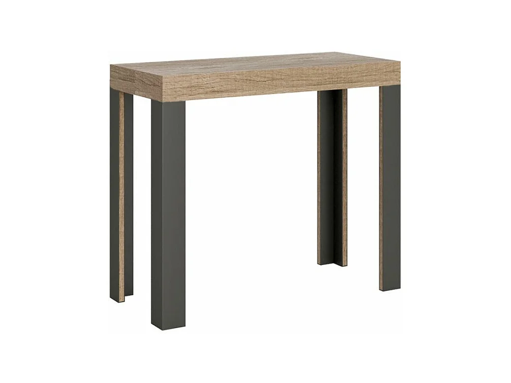 Consola extensible de madera con 4 patas de madera y acero antracita Liva-Color Marrón-Soporte 4 pies-Alargaderas 3 extensiones