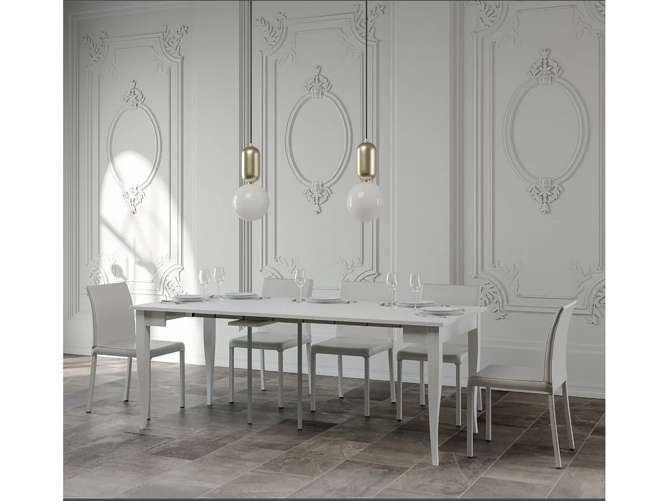 Console extensible classique en bois Kamila-Couleur Blanc-4 pieds-3 rallonges