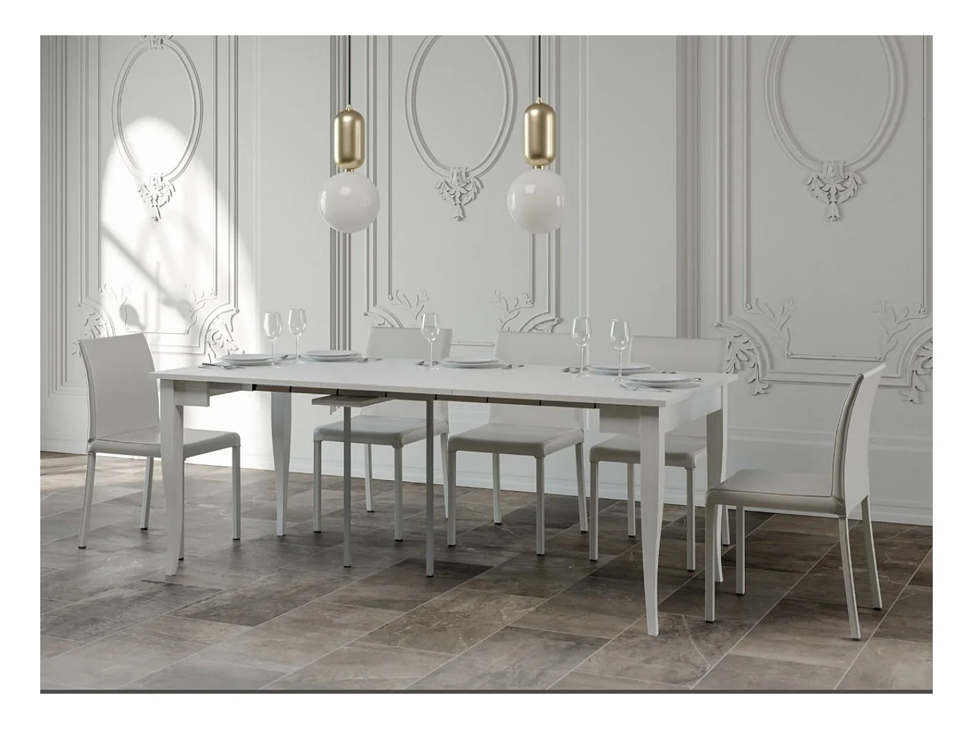 Console extensible classique en bois Kamila-Couleur Blanc-4 pieds-3 rallonges