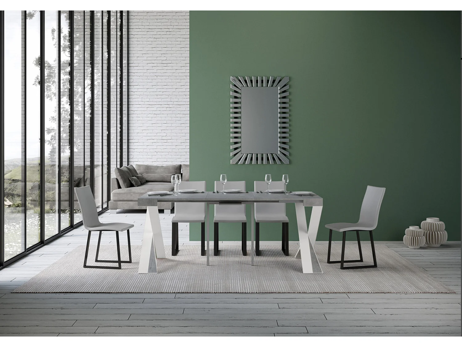 Uitschuifbare console in hout en wit stalen gekruiste poten Diago 90x40/196 of 90x40/300 cm-Kleur Cementgrijs-Steun 4 voet-Verlengsnoeren 5 dunne verlengingen