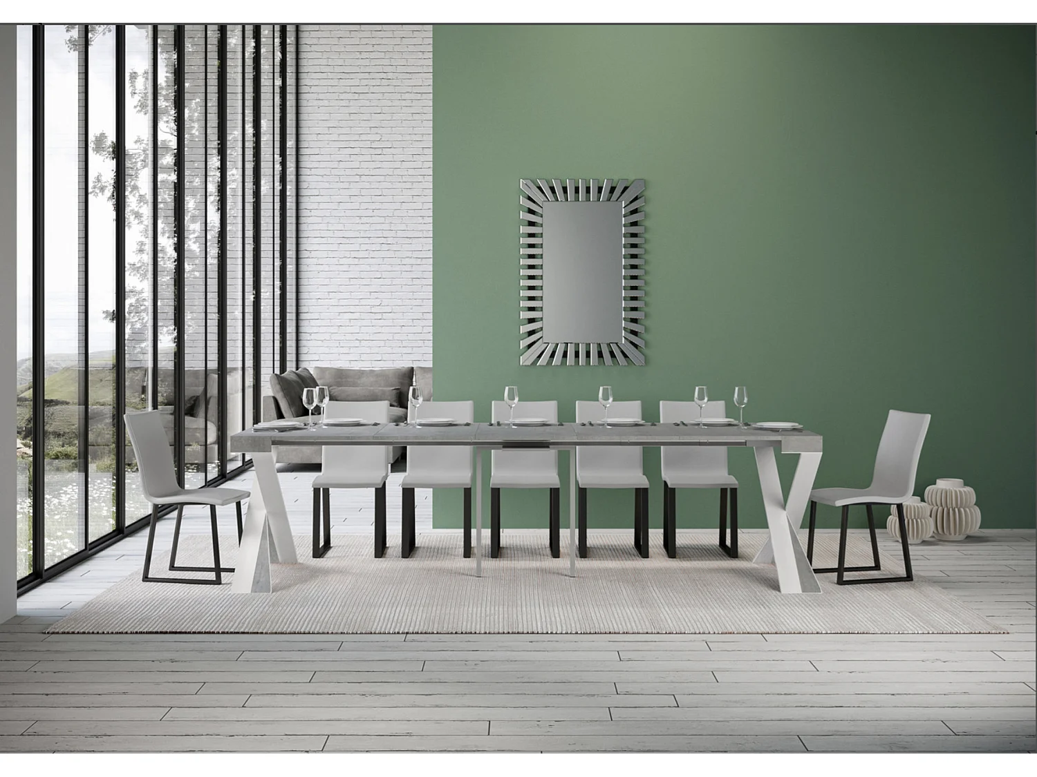 Uitschuifbare console in hout en wit stalen gekruiste poten Diago 90x40/196 of 90x40/300 cm-Kleur Cementgrijs-Steun 4 voet-Verlengsnoeren 5 dunne verlengingen