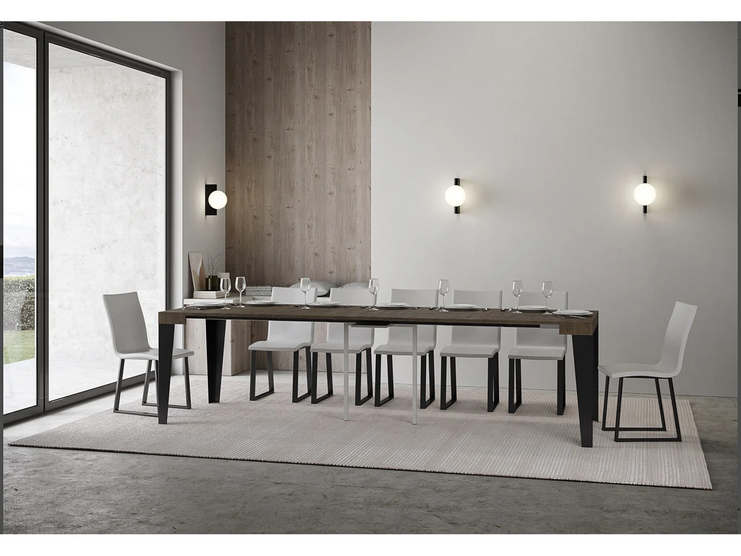 Console extensible design bois et acier mat Flavio-Couleur Marron-4 pieds-5 rallonges fines