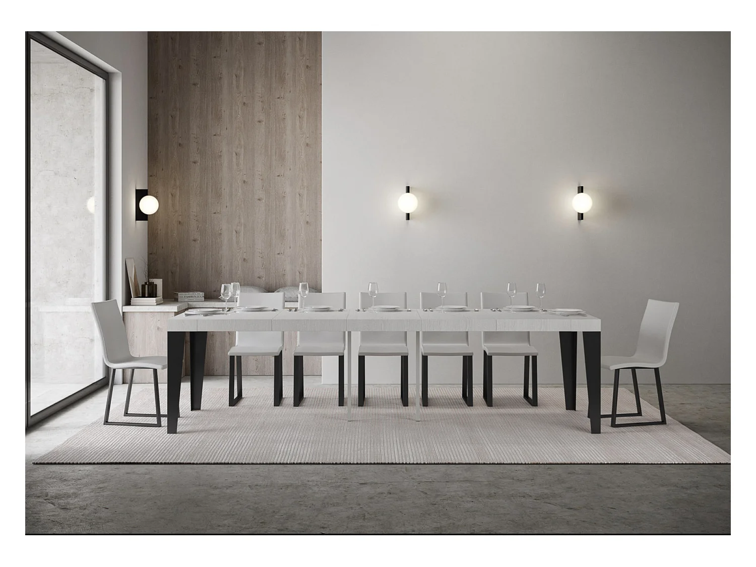 Consola extensible diseño Flavio en madera y hierro 90x40/196 o 90x40/300 cm-Color Marrón-Soporte 4 pies-5 alargaderas finas